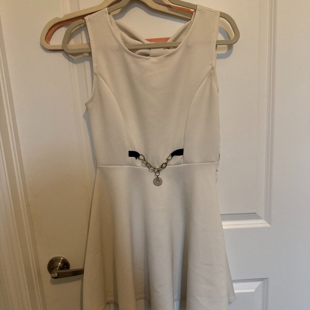 Access White Fit & Flare Dress with Gold Chain Detail, Size XS